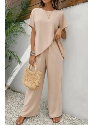 Kadın Kısa Kollu Bisiklet Yaka Asimetrik Kesim Detaylı Bürümcük Bluz Ve Pantolon Ikili Takım