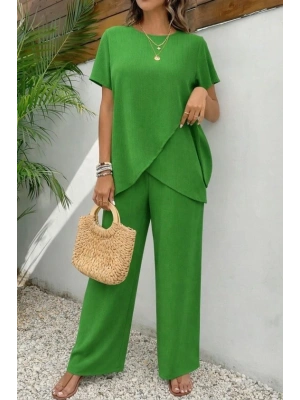 Kadın Kısa Kollu Bisiklet Yaka Asimetrik Kesim Detaylı Bürümcük Bluz Ve Pantolon Ikili Takım