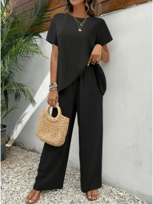 Kadın Kısa Kollu Bisiklet Yaka Asimetrik Kesim Detaylı Bürümcük Bluz Ve Pantolon Ikili Takım