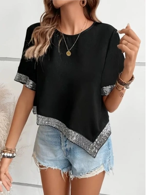 Kadın Kısa Kollu Bisiklet Yaka Asimetrik Kesim Detaylı Pul Payetli Krep Bluz