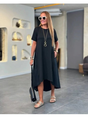 Kadın Kısa Kollu Bisiklet Yaka Asimetrik Kesim ön Viskon Arkası Trikoton Elbise