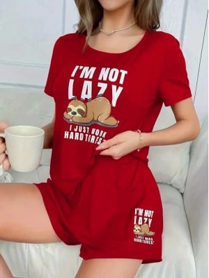 Kadın Kısa Kollu Bisiklet Yaka Baskılı Viskon Bluz Ve şort Ikili Takım