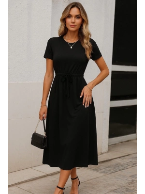 Kadın Kısa Kollu Bisiklet Yaka Belden Bağlamalı önü Bağcık Detaylı Maksi Boy Viskon Elbise