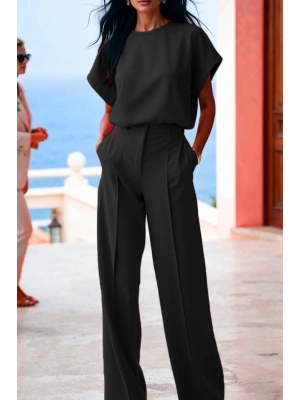 Kadın Kısa Kollu Bisiklet Yaka Bluz Yüksek Bel Cep Detaylı Pantolon Atlas Ikili Takım