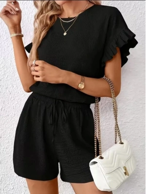 Kadın Kısa Kollu Bisiklet Yaka Bürümcük Bluz Ve Kısa Short Ikili Takım