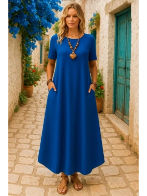 Kadın Kısa Kollu Bisiklet Yaka Cepli Salaş Viskon Elbise