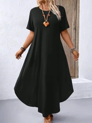 Kadın Kısa Kollu Bisiklet Yaka Cepli Salaş Viskon Elbise