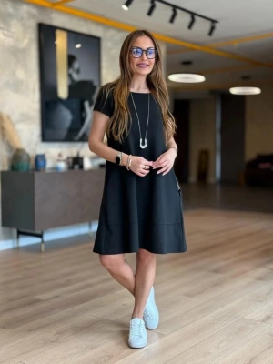 Kadın Kısa Kollu Bisiklet Yaka Cepli Viskon Iki Iplik Elbise