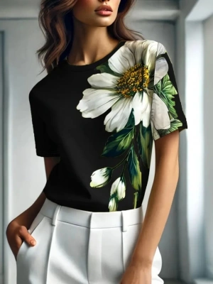Kadın Kısa Kollu Bisiklet Yaka çiçek Baskılı Süprem Bluz