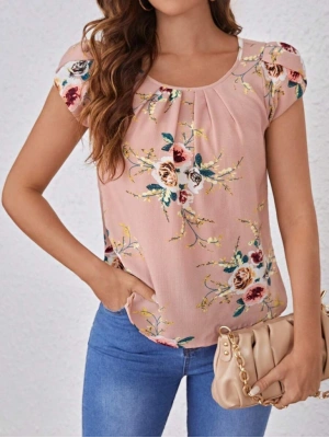 Kadın Kısa Kollu Bisiklet Yaka çiçek Baskılı Süprem Bluz