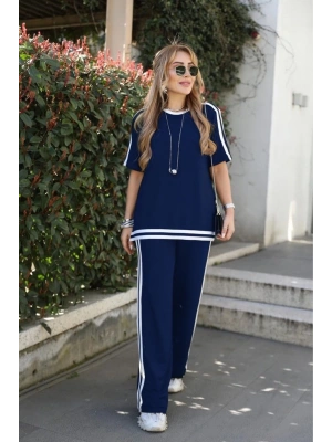 Kadın Kısa Kollu Bisiklet Yaka çift Renk şerit Detaylı Viskon Iki Iplik Bluz Ve Pantolon Ikili Takım