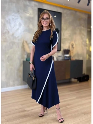 Kadın Kısa Kollu Bisiklet Yaka çift şerit Renk Detaylı Asimetrik Kesim Viskon Iki Iplik Elbise