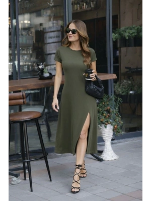 Kadın Kısa Kollu Bisiklet Yaka Derin Yırtmaç Detay Viskon Elbise