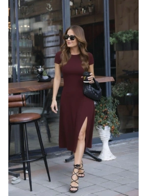 Kadın Kısa Kollu Bisiklet Yaka Derin Yırtmaç Detay Viskon Elbise