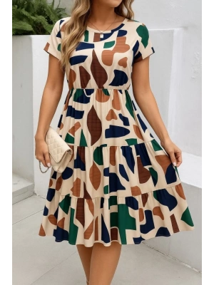 Kadın Kısa Kollu Bisiklet Yaka Desenli Fırfırlı Süprem Elbise