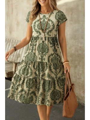 Kadın Kısa Kollu Bisiklet Yaka Desenli Fırfırlı Süprem Elbise