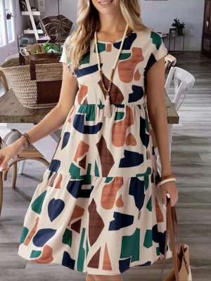 Kadın Kısa Kollu Bisiklet Yaka Desenli Fırfırlı Süprem Elbise