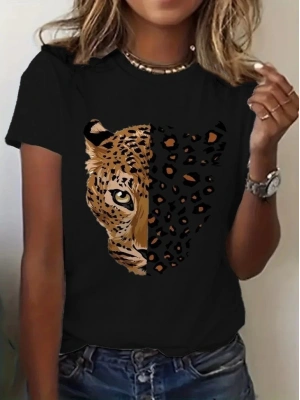 Kadın Kısa Kollu Bisiklet Yaka Desenli Viskon Bluz