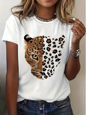 Kadın Kısa Kollu Bisiklet Yaka Desenli Viskon Bluz