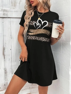 Kadın Kısa Kollu Bisiklet Yaka Desenli Viskon Elbise