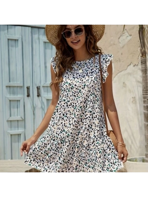 Kadın Kısa Kollu Bisiklet Yaka Etek Ucu Volanlı Kısa Dokuma Elbise