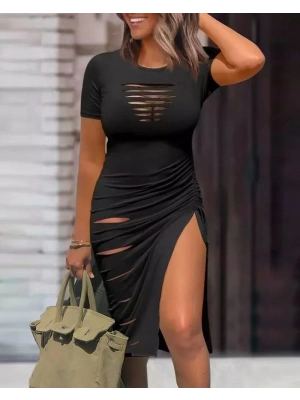 Kadın Kısa Kollu Bisiklet Yaka Göğüste Ve Bacakta Kesik Detay Büzgülü Yırtmaç Detay Viskon Elbise