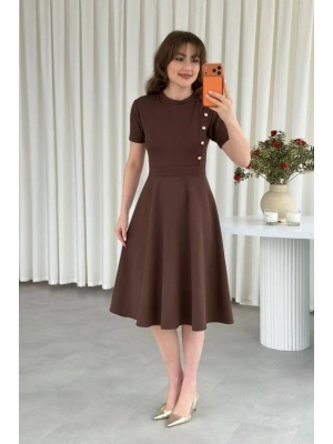 Kadın Kısa Kollu Bisiklet Yaka Gold Düğme Detay idi Boy Elbise