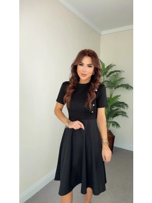 Kadın Kısa Kollu Bisiklet Yaka Gold Düğme Detay Midi Boy Elbise