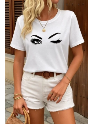 Kadın Kısa Kollu Bisiklet Yaka Göz Baskılı Süprem Tshirt