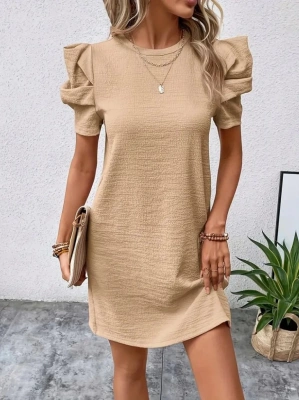 Kadın Kısa Kollu Bisiklet Yaka Karpuz Kol Krep Elbise