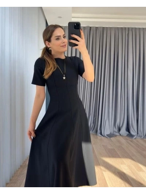 Kadın Kısa Kollu Bisiklet Yaka Maksi Boy Ithal Krep Elbise