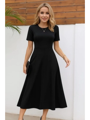 Kadın Kısa Kollu Bisiklet Yaka Maksi Boy Ithal Krep Elbise