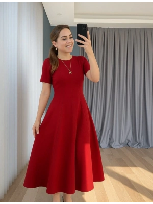 Kadın Kısa Kollu Bisiklet Yaka Maksi Boy Ithal Krep Elbise
