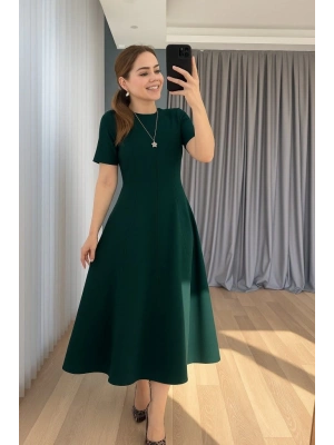 Kadın Kısa Kollu Bisiklet Yaka Maksi Boy Ithal Krep Elbise