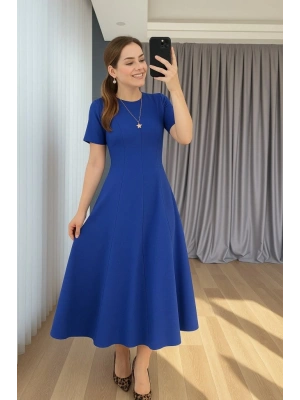 Kadın Kısa Kollu Bisiklet Yaka Maksi Boy Ithal Krep Elbise