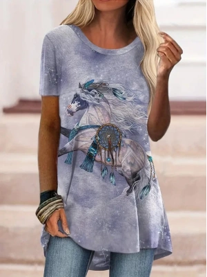 Kadın Kısa Kollu Bisiklet Yaka Mitolojik At Figür Baskılı Salaş Süprem Bluz