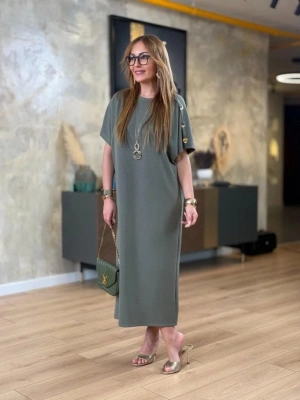 Kadın Kısa Kollu Bisiklet Yaka Omuzdan Düğmeli Uzun Viskon Iki Iplik Elbise