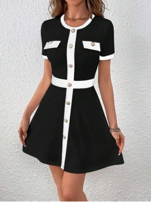Kadın Kısa Kollu Bisiklet Yaka önden Düğmeli Modal Elbise