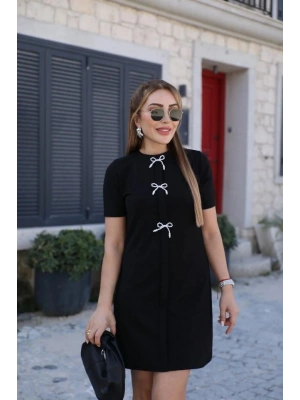 Kadın Kısa Kollu Bisiklet Yaka önden Fiyonk Detaylı Ithal Krep Elbise