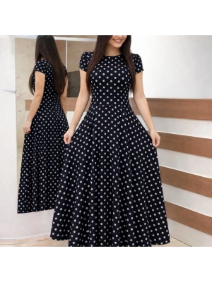 Kadın Kısa Kollu Bisiklet Yaka Puantiyeli Maksi örme Krep Elbise