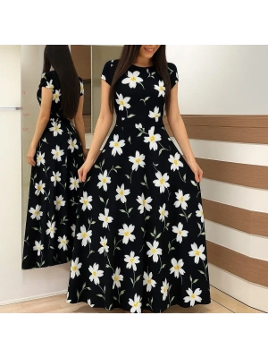 Kadın Kısa Kollu Bisiklet Yaka Puantiyeli Maksi örme Krep Elbise