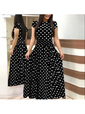 Kadın Kısa Kollu Bisiklet Yaka Puantiyeli Maksi örme Krep Elbise