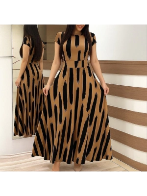 Kadın Kısa Kollu Bisiklet Yaka Puantiyeli Maksi örme Krep Elbise