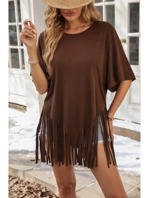 Kadın Kısa Kollu Bisiklet Yaka Püsküllü Viskon Bluz