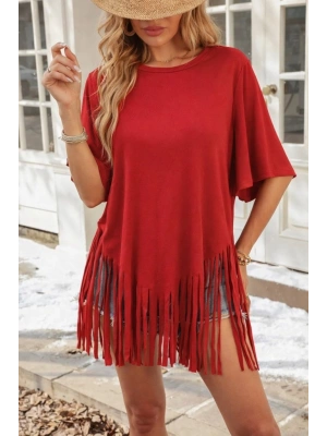 Kadın Kısa Kollu Bisiklet Yaka Püsküllü Viskon Bluz