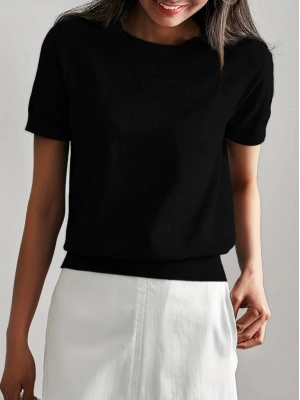 Kadın Kısa Kollu Bisiklet Yaka Triko Bluz