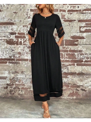 Kadın Kısa Kollu Bisiklet Yaka Tül Detaylı Janjan Krep Maksi Elbise