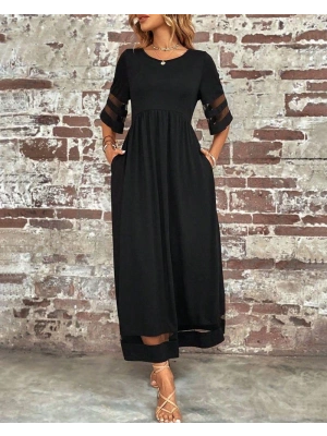 Kadın Kısa Kollu Bisiklet Yaka Tül Detaylı Janjan Krep Maksi Elbise