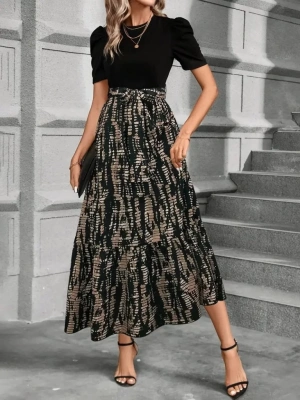 Kadın Kısa Kollu Bisiklet Yaka üst Ithal Krep Alt Süprem Maksi Boy Elbise