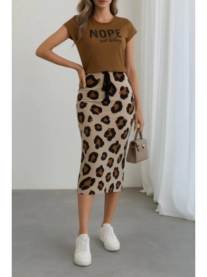 Kadın Kısa Kollu Bisiklet Yaka Viskon Bluz Desenli Dalgıç Etek Ikili Takım